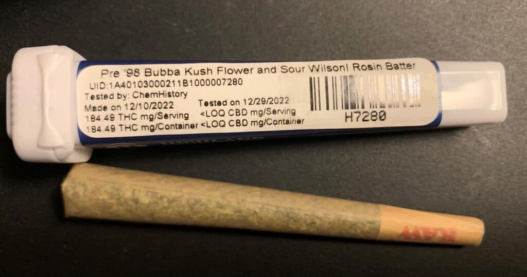 Highland Provisions Live Rosin Infused Pre ‘98 Bubba Kush 25 highland provisions rosin batter pre-roll